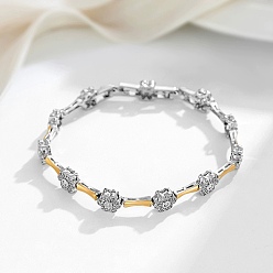 Real Gold Plated & Real Platinum Plated Браслеты-цепочки с цветочным узором из латуни с микропаве из прозрачных кубических цирконий для женщин, настоящее золото и платина, 7-5/8 дюйм (19.4 см)