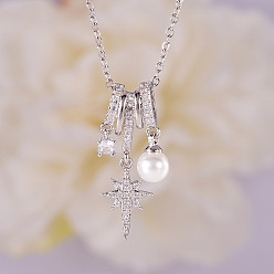 Серебро Ожерелья с подвесками из латунных прозрачных кубических цирконий с микропаве и искусственным жемчугом для женщин, белые, серебряные, 17.72 дюйм (45 см)