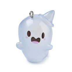 Светлый Стально-синий Подвески из прозрачной смолы на Хэллоуин, призрак в шляпе, с железной платиной петлей, светло-стальной синий, 32x27x27.5 мм, отверстие : 1.8 мм