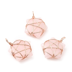 Розовый Кварц Природного розового кварца подвески, с медной проволокой оттенка розового золота, без кадмия и без свинца, звезда, 37~41x29~31x9~11 мм, отверстие : 4.5~6 мм