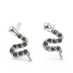 Черный Латунные микро проложить серьги стержня кубического циркония, змея, Реальная платина, чёрные, 8x4.5 мм, штифты : 0.8 мм