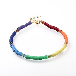Golden Handmade Polymer Clay Anklets, with Faceted Glass Beads, Tibetan Style Alloy Spacer Beads, 304 Stainless Steel Twisted Chains and Lobster Claw Clasps, Colorful, 9-5/8 inch(24.6cm), 4mm