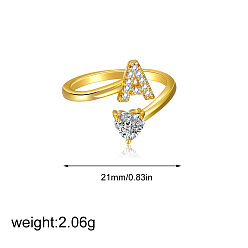 Letter A Латунные кольца-манжеты с микропаве из прозрачных кубических цирконий, сердце, золотые, буква a, 21 мм