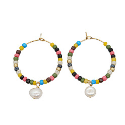 Разноцветный Овальные серьги-кольца из нержавеющей стали с пресноводным жемчугом, со стеклянными бисеринами, золотые, 45x30 мм