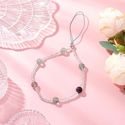 Лазурный Цепочки для телефона с круглыми бусинами из натурального радужного флюорита и стеклянных семян, лазурный, 215 мм