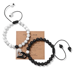 Лавовый камень Плетеные браслеты из натурального лавового камня, сердце со словом я люблю тебя подвески пара браслетов для мужчин и женщин, внутренний диаметр: 2-3/8 дюйм (6 см), 2 шт / комплект