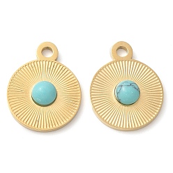 Золотой Плоские круглые подвески из синтетической бирюзы, с 304 установками из нержавеющей стали, ручная полировка, ионное покрытие (ip), золотые, 15x12x3 мм, отверстие : 1.6 мм