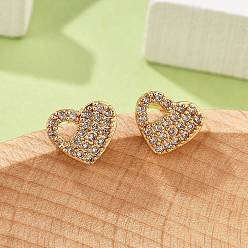 Сердце Женские серьги-гвоздики из латуни с микропаве и прозрачным кубическим цирконием, без кадмия и без свинца, долговечный, стойки покрытие, золотые, сердце, 7.5x8.5 мм