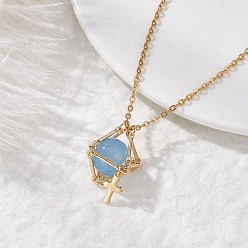 Cross Латунный мешочек в технике макраме с натуральным голубым агатом внутри и 304 подвесками из нержавеющей стали для женщин, золотые, крестик, 15.75 дюйм (40 см), крест: 12x7x1 мм