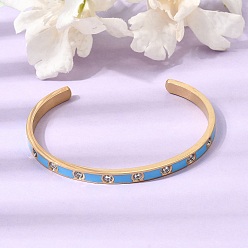 Real 18K Gold Plated 304 Stainless Steel Pave Clear Cubic Zirconia Open Cuff Bangles for Women, with Enamel, Ion Plating(IP), Deep Sky Blue, Real 18K Gold Plated, Inner Diameter: 2.44 inch(6.2cm)