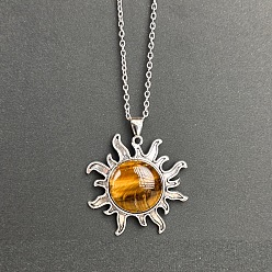 Тигровый глаз Подвеска в виде солнца из натурального тигрового глаза, цепочка из сплава, винтажное ожерелье, платина, 19.69 дюйм (50 см)