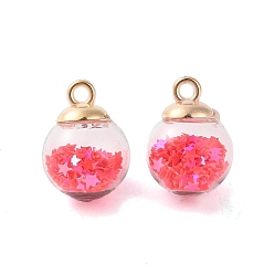 Hot Pink Glass Round Pendants, with Plastic Finding and Foam Glitter, Hot Pink, 21x16mm, Hole: 2.5mm