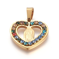 Golden Religionsthema, 304 Edelstahl Anhänger, mit bunten Strass, Herz mit Jungfrau Maria, golden, 20x20.5x3 mm, Bohrung: 6.5x4 mm