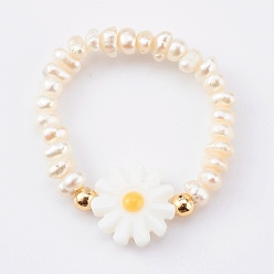 Yellow Natural Pearl Beaded Stretch Rings, with Natural Shell Beads, Flower, Yellow, Inner Diameter: 17x20mm