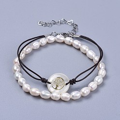 Stainless Steel Color Stackable Bracelets Sets, with Natural Freshwater Pearls, Freshwater Shell Links, 304 Stainless Steel Findings and Cowhide Leather Cord, with Burlap Paking Pouches Drawstring Bags, White & Black, 7-1/4 inch(18.5cm), 2mm, 2 inch(5cm), 5.5~6mm, 2pcs/set