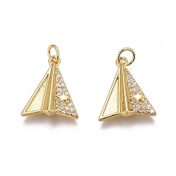 Golden Brass Micro Pave Clear Cubic Zirconia Charms, Long-Lasting Plated, Paper Line, Golden, 14x12x3mm, Hole: 2mm
