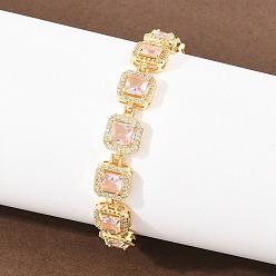 Pink Квадратные латунные браслеты с микропаве из прозрачных кубических цирконий и стеклянных звеньев., долговечный, без свинца и без кадмия, реальный 18 k позолоченный, розовые, 7.76 дюйм (19.7 см)