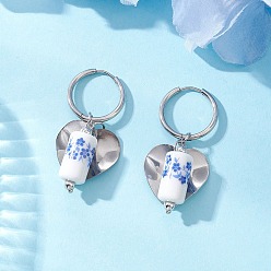 Нержавеющая Сталь Цвет Колонна с сердцем 316 и 202 серьги-кольца из нержавеющей стали, с фарфоровыми бусинами и латунными бусинами, цвет нержавеющей стали, 47 мм