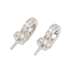 Platinum Brass Micro Pave Clear Cubic Zirconia Fold Over Clasps, for Half Drilled Beads, Rack Plating, Long-Lasting Plated, Cadmium Free & Lead Free, Platinum, 15x9x5mm, Pin: 1mm