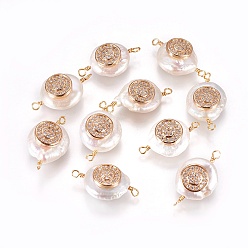 Прозрачный Соединители звеньев натурального жемчуга, с кубического циркония и латуни выводов, плоско-круглые, золотые, прозрачные, 22~25x13~15x7~10 мм, отверстие : 1.6 мм