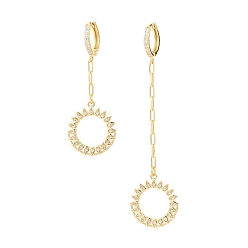 Golden Brass Micro Pave Clear Cubic Zirconia Asymmetrical Earrings, Huggie Hoop Earring, with Paperclip Chains, Ring, Golden, 52mm and 80mm