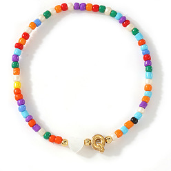 Letter Q Красочные круглые браслеты из стеклянного бисера, эластичные, 304 Браслеты из нержавеющей стали с подвесками в виде ракушек для женщин, письмо и сердце, золотые, Буква Q, 6.89 дюйм (17.5 см)