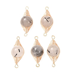 Кварц Турмалинизации  Круглые соединительные подвески из натурального турмалинированного кварца с медной проволочной обмоткой в виде елочки., золотые, долговечный, 27~28x10x11 мм, отверстие : 1.4~1.6 мм