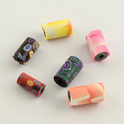 Mixed Color Handmade Polymer Clay Beads, Column, Mixed Color, 7mm, High:11mm, Hole: 2mm