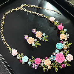 Разноцветный Комплекты серег и ожерелий из цветочного сплава со стразами и акриловым искусственным жемчугом для женщин, красочный, 480 мм