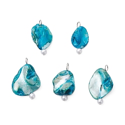 Средний Бирюзовый Подвески из натуральных пресноводных ракушек в богемном стиле, подвески-самородки с круглыми бусинами из искусственного жемчуга, средне бирюзовый, 22~27.5x12~19x5~10 мм, отверстие : 3~4 мм