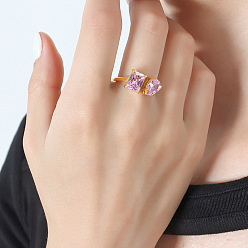 Бледно-Розовый Прямоугольные и каплевидные 304 кольца-манжеты из нержавеющей стали с кубическим цирконием для женщин, золотые, розовый жемчуг, внутренний диаметр: регулируемый