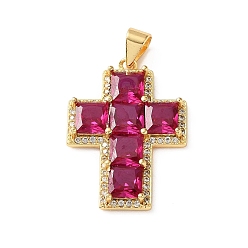 Violet Brass Pave Cubic Zirconia Pendants, Square Cross Charms, Cadmium Free & Lead Free, Rack Plating, Long-Lasting Plated, Real 18K Gold Plated, Violet, 25x18x3.5mm, Hole: 4x3.5mm