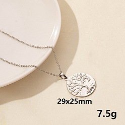 Нержавеющая Сталь Цвет 201 Женские колье из нержавеющей стали с плоским круглым кулоном в виде дерева жизни, цвет нержавеющей стали, 15.75 дюйм (40 см)