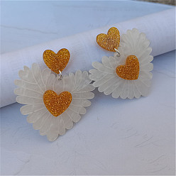 Белый Акриловые серьги-гвоздики в форме сердца, платина, белые, 60x50 мм