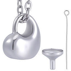 Stainless Steel Color 1Pc 304 Stainless Steel Heart Pendant Urn Ashes Necklaces, with 1Pc 304 Stainless Steel Mini Funnel, with Eye Pins, Non-Tarnish, Stainless Steel Color, 20.04 inch(50.9cm)