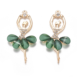 Зеленый Большие сплавочные подвески, со смолой и хрустальными стразами, граненые, балерина, золотые, зелёные, 59~60x30~31x4.5 мм, отверстие : 2.5 мм