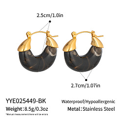 Black 304 Stainless Steel Resin Huggie Hoop Earrings for Women, Real 18K Gold Plated, Black, 27x25mm