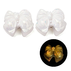 Weiß Leuchtende, undurchsichtige Harz-, Strass- und Polymerclay-Perlen, Schleife, mit Glitzerpulver, Leuchten im Dunkeln, weiß, 32~34x39~41x22~24 mm, Bohrung: 2~3 mm