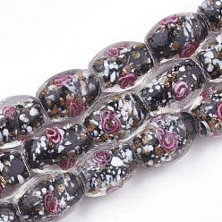 Черный Бусины ручной работы бусины золотого песка, со цветком внутри , барабан, чёрные, 15~17x11~13 мм, отверстие : 1.5~2 мм