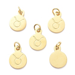 Taurus Golden Plated 304 Stainless Steel Charms, Flat Round with Constellations Pattern, Taurus, 13.5x10x1mm, Jump Ring: 5x1mm, Hole: 3mm