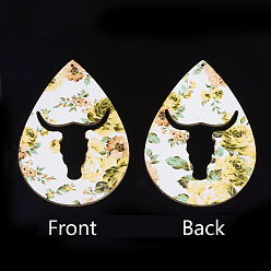 Colorful PU Leather Big Pendants, Teardrop with Bull, Colorful, 69.5x48x2mm, Hole: 1.5mm
