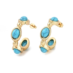 Настоящее золото 18K Ионное покрытие (ip) 304 серьги-гвоздики из нержавеющей стали в форме буквы С, с синтетическими бирюзовый, реальный 18 k позолоченный, 30x8.5 мм
