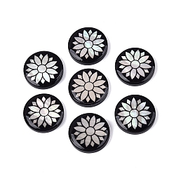 Black Acrylic & Natural Freshwater Shell Cabochons, Flat Round & Flower, Black, 16x3~4mm