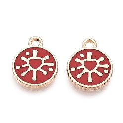 FireBrick Alloy Enamel Pendants, Rack Plating, Flat Round & Heart Charms, Golden, FireBrick, 13.5x11x1.5mm, Hole: 1.6mm