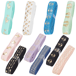 Mixed Color 20 Yards 10 Style Polyester Elastic Ribbon, Flat with Gold Pattern, for Gift Decoration, Garment Accessories, Mixed Color, 15~16mm, 2 yards/style