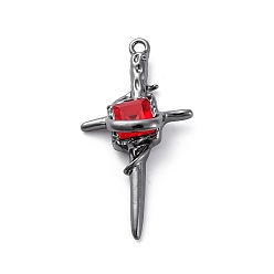 Черный Цвет Металла Готическая стойка подвески из сплава с покрытием, с красными стразами, крестик, металлический черный , 35.5x17.5x9 мм, отверстие : 1.6 мм