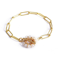 Rainbow Moonstone Латунные браслеты скрепки, с бусинами из натурального радужного лунного камня и 304 застежками-тоггл из нержавеющей стали, реальный 18 k позолоченный, 7-1/4 дюйм (18.5 см)