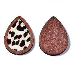 Coconut Brown Eco-Friendly Cowhide Leather Pendants, with Dyed Wood, Teardrop with Leopard Print, Coconut Brown, 46x32.5x4mm, Hole: 1.2mm