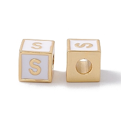 Letter S Стойки покрытие латунь эмаль бисер, без кадмия, без никеля и без свинца, реальный 18 k позолоченный, куб с письмом, серый, letter.s, 6x6x6 мм, отверстие : 2.5 мм