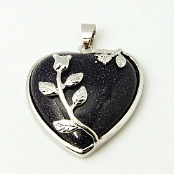 Синий Драгоценный Камень Синтетический синий авантюрин подвески, со сплавочной фурнитурой, сердце, 37x33x8 мм, отверстие : 7x4 мм